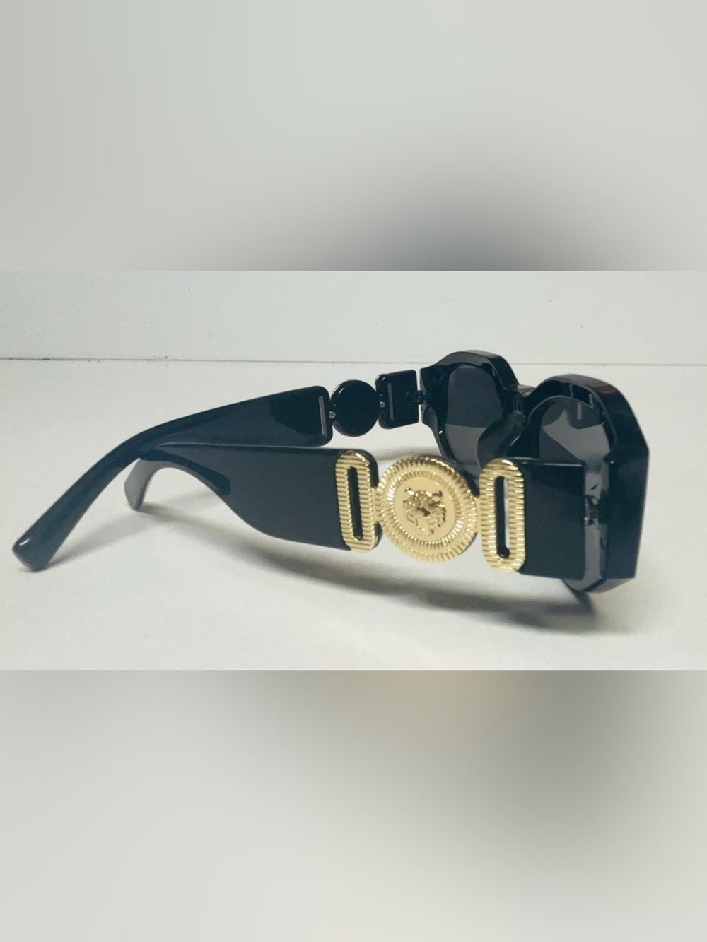 Versace Biggie Black Sunglasses - Gold Medusa Tiger Medallion - Y2K Chunky Squre - Picture 11 of 16
